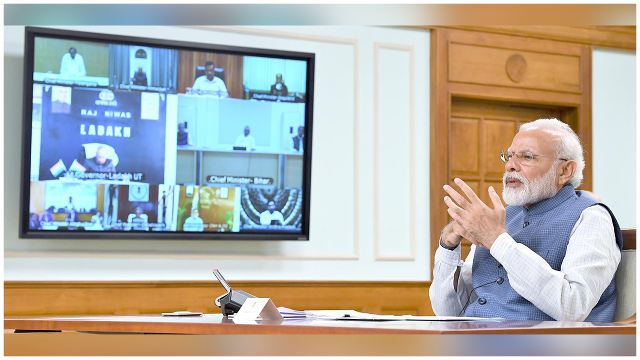 The Prime Minister, Shri Narendra Modi interacting with the Chief Ministers of States via video conferencing to discuss measures to combat COVID-19, in New Delhi.